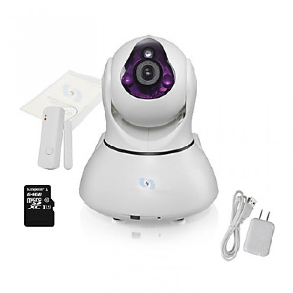 Wireless IR IP PTZ Camera with Door Sensor & 64GB TF card,Motion Detection, P2P Wifi IP Camera Alarm with APP